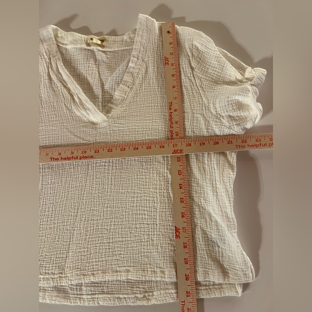 Rag Poets white v-neck cuffed short slv gauzy blouse sz L boho lightweight - Picture 6 of 9
